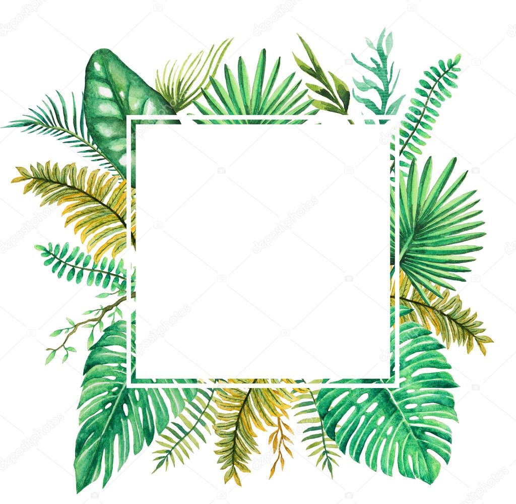 tropical forest leaves and branch square frame arrangement, bouquets, watercolor illustration isolated white background for invitation, greeting cards, ornaments