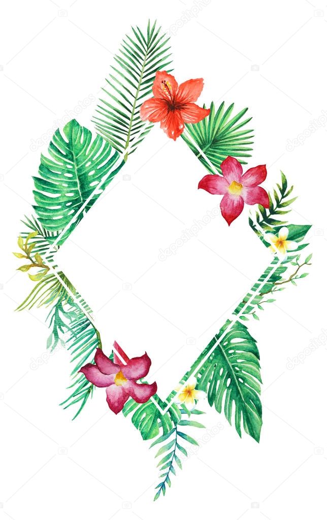 tropical forest leaves and branch portrait frame arrangement, bouquets, watercolor illustration isolated white background for invitation, greeting cards, ornaments
