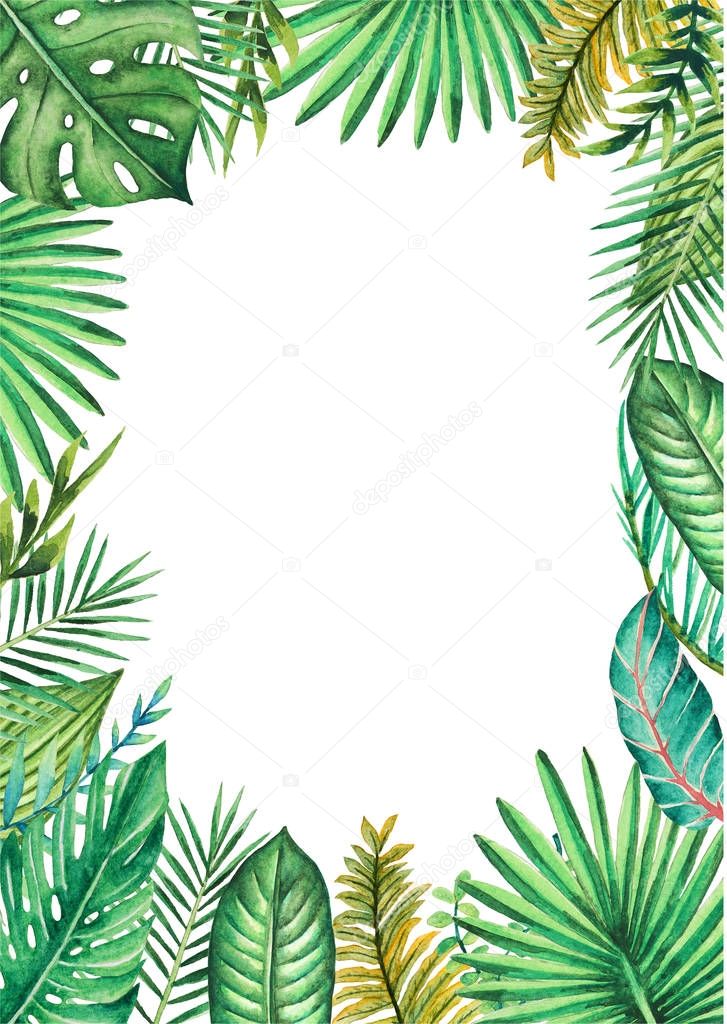 tropical forest leaves, branch and frame arrangement, bouquets, watercolor illustration isolated white background for invitation, greeting cards, ornaments