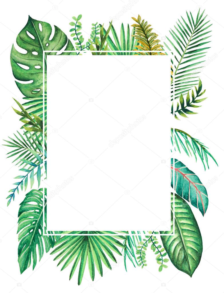 tropical forest leaves, branch portrait frame arrangement, bouquets, watercolor illustration isolated white background for invitation, greeting cards, ornaments