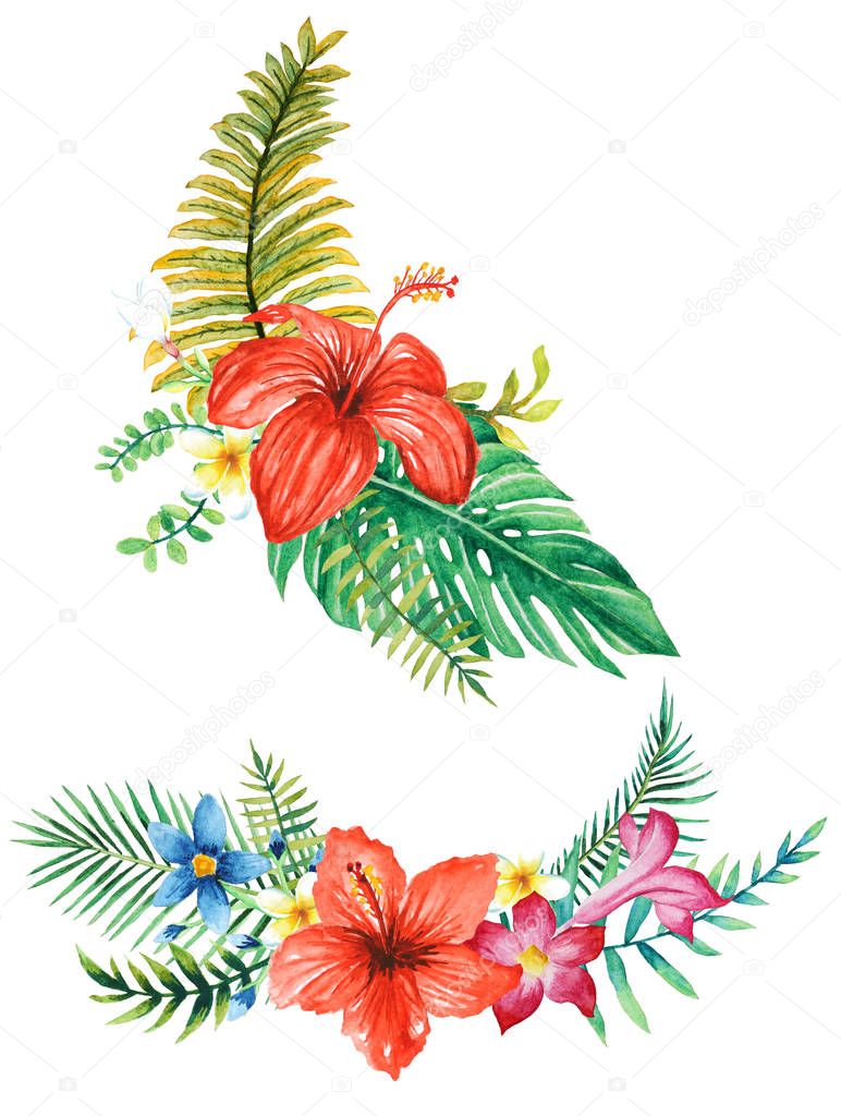 tropical forest leaves, branch and flower arrangement, bouquets, watercolor illustration isolated white background for invitation, greeting cards, ornaments