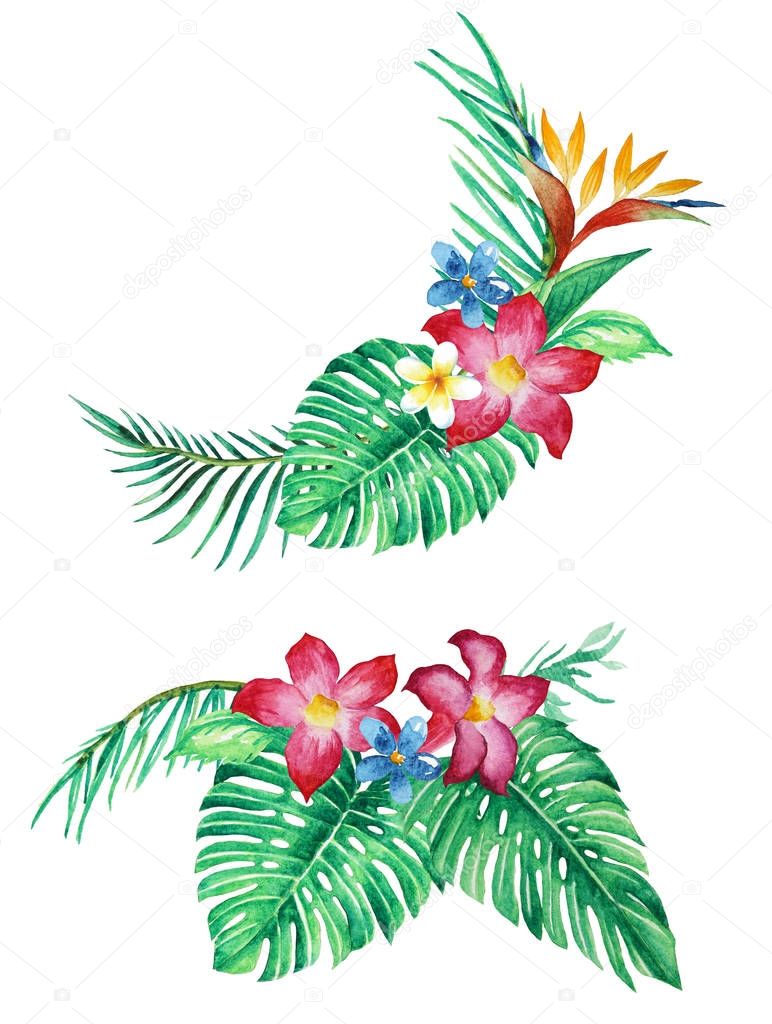 tropical leaves and flower arrangement, bouquets, watercolor illustration isolated white background for invitation, greeting cards, ornaments