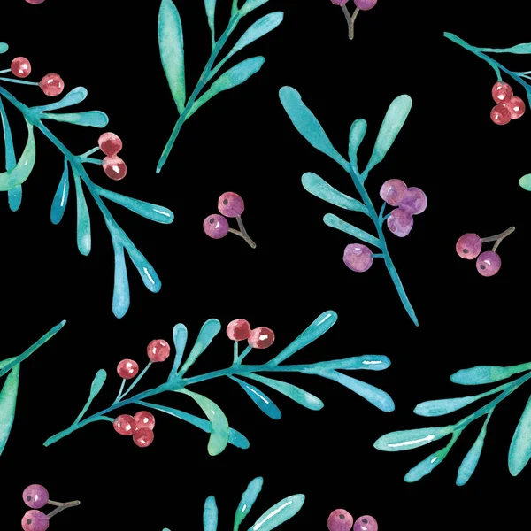 Berries Leaves Pattern Hand Painted Watercolor Illustration Black Background —  Fotos de Stock