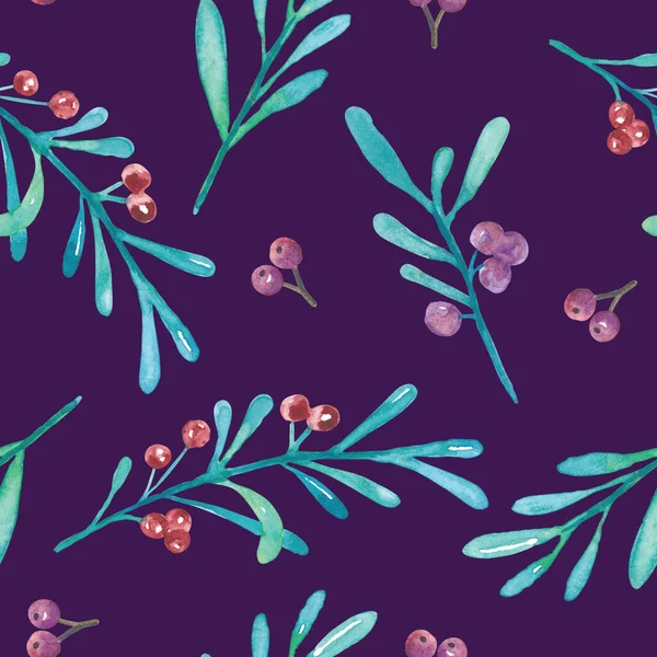 Berries Leaves Pattern Hand Painted Watercolor Illustration Purple Background —  Fotos de Stock