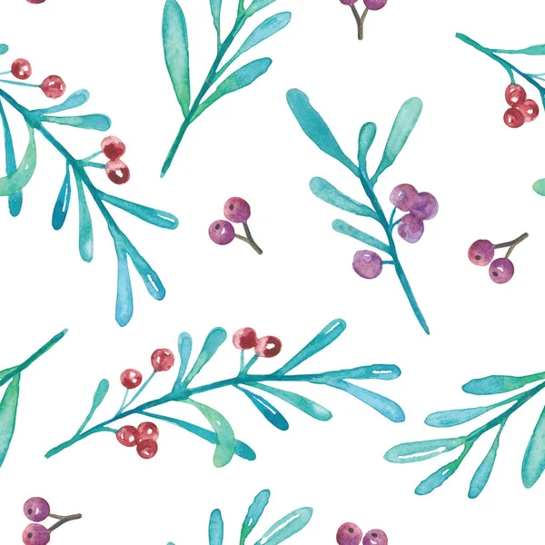 Berries Leaves Pattern Hand Painted Watercolor Illustration White Background —  Fotos de Stock