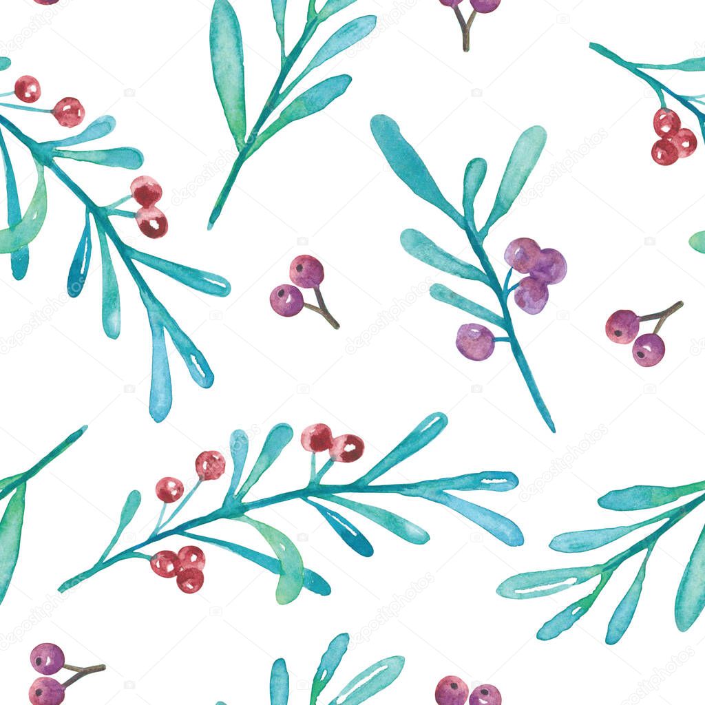 Berries-and-leaves-pattern-hand-painted-watercolor-illustration-with-white-background