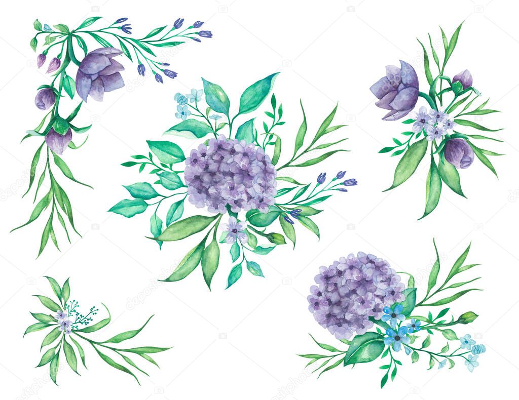 flower and leaves bouquets violet watercolor illustration
