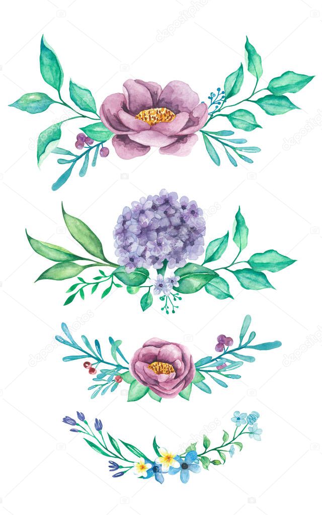 flower and leaves bouquets watercolor illustration collection white background