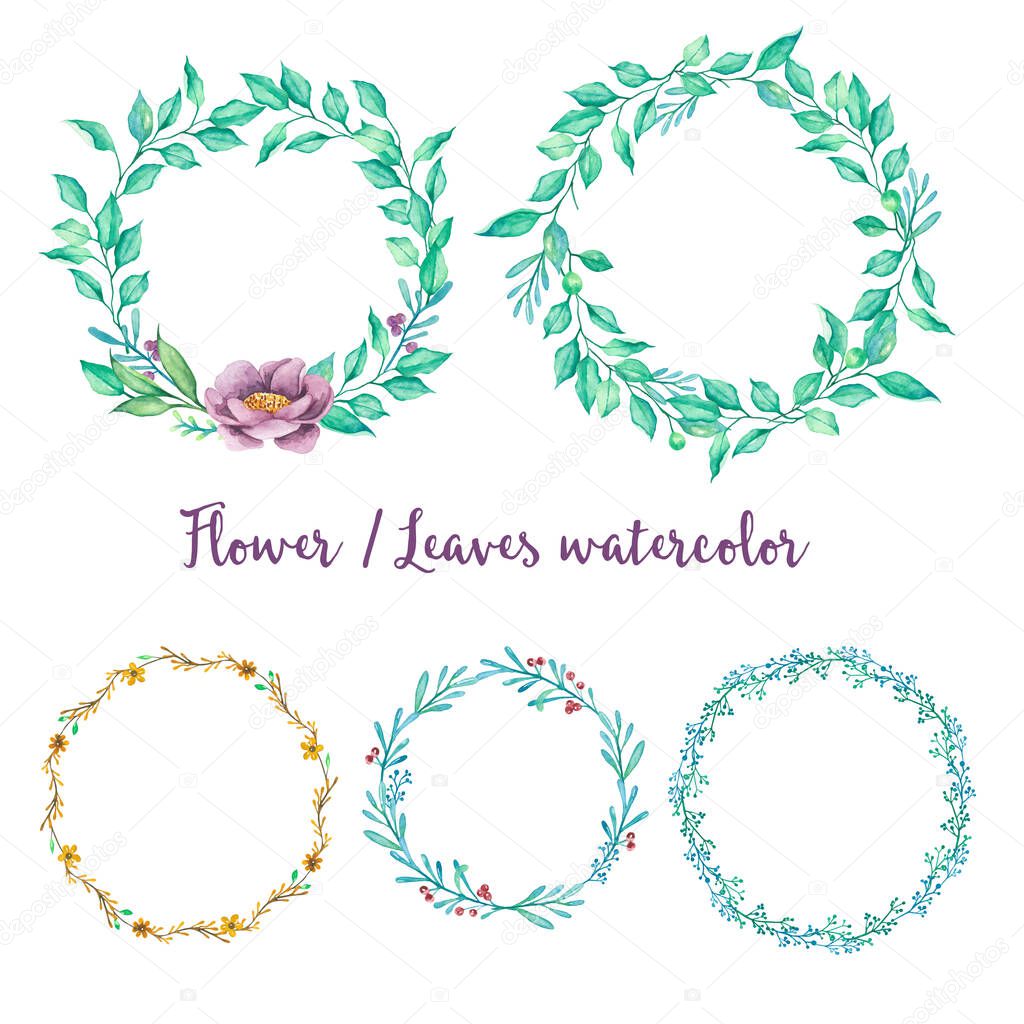 flower and leaves wreaths hand painted watercolor illustration collection