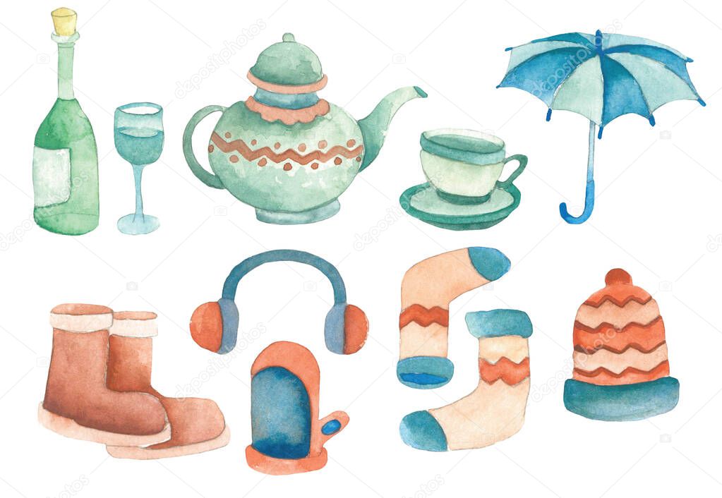 watercolor illustration food, beverages and costume winter christmas holiday set