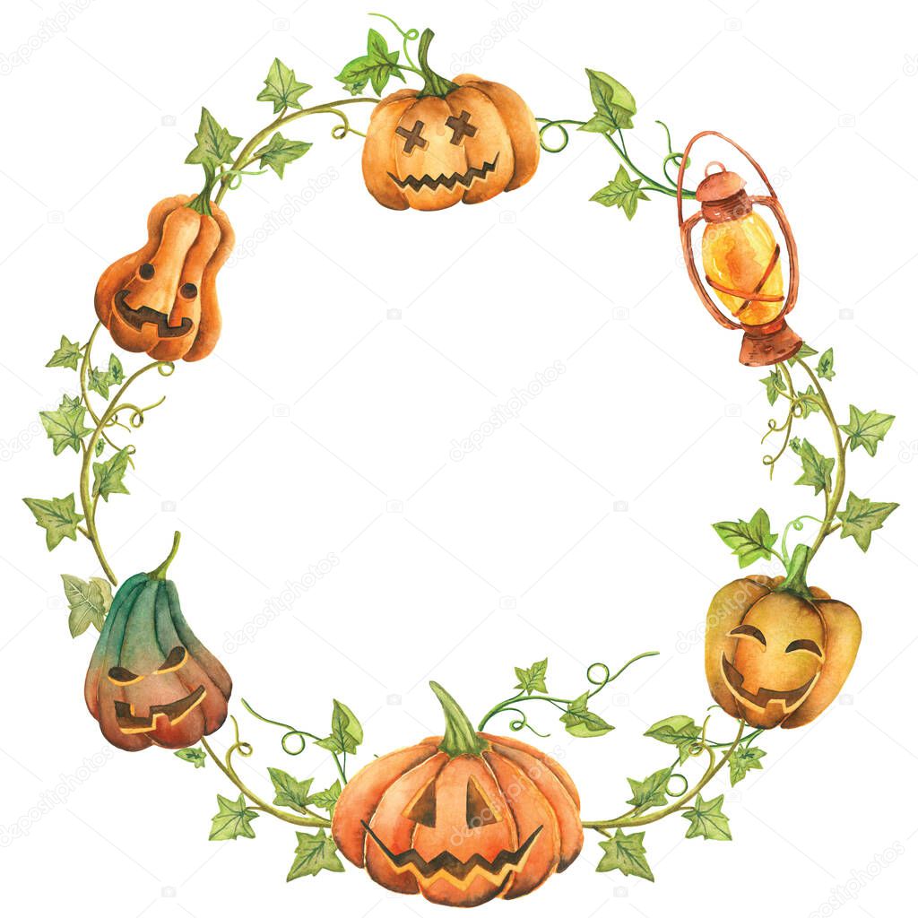 wreaths Pumpkins halloween watercolor illustration set white background