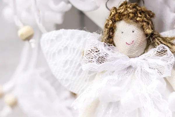 Cute angel textile handmade doll with curly hair, white lace win