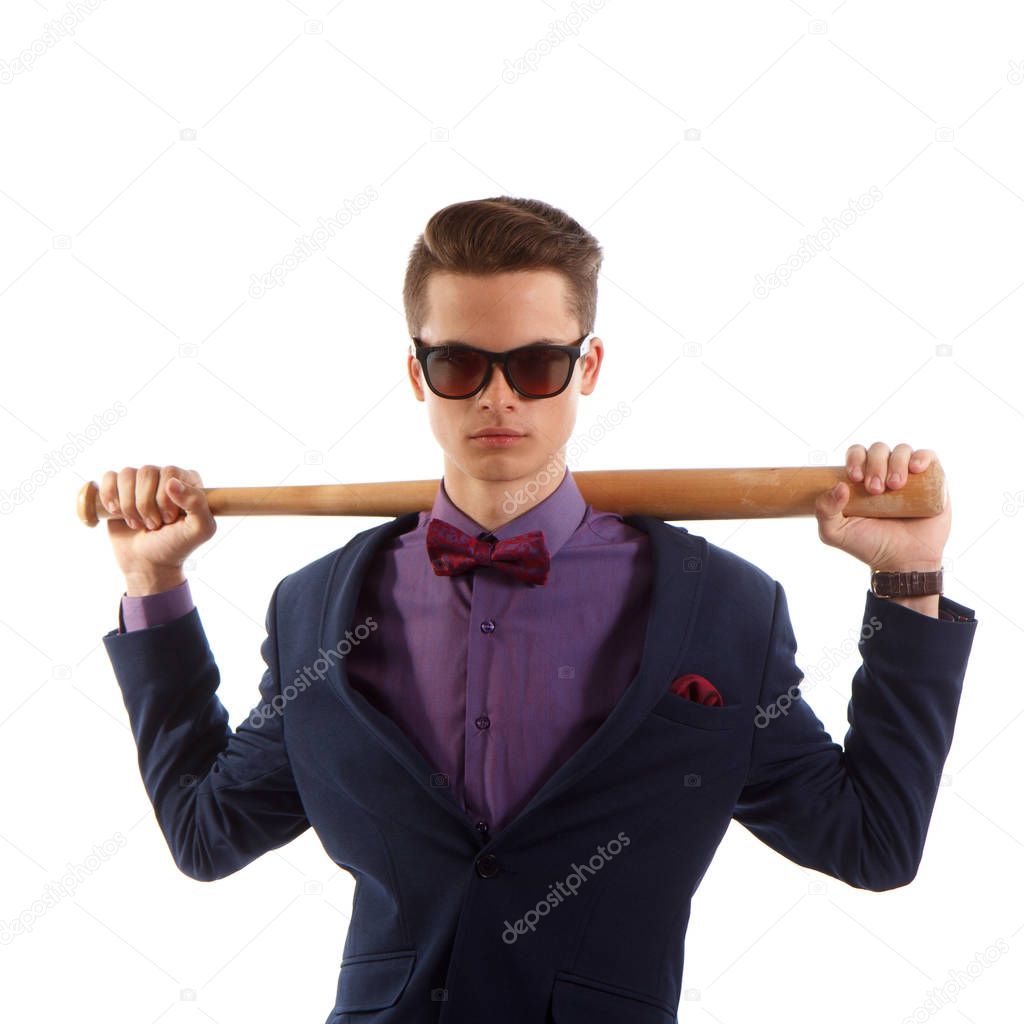 Formal teen with baseball bat