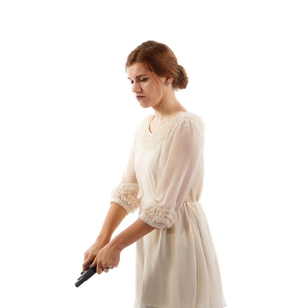 Lady reloading a gun — Stock Photo, Image