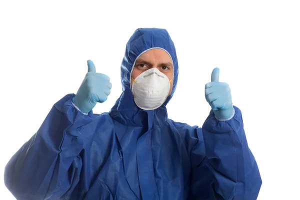 Doctor in protective clothing showing thumbs up. — Stok fotoğraf