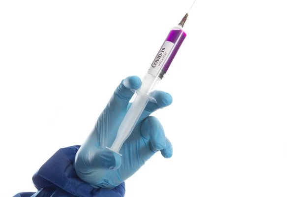 Doctor holding syringe with virus COVID 19 vaccine. — Stock Photo, Image