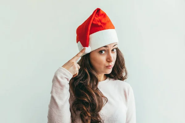 Belle Fille Aux Cheveux Longs Chapeau Rouge Père Noël Isolé — Photo