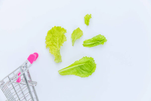 Small supermarket grocery push cart for shopping with green lettuce leaves isolated on white background
