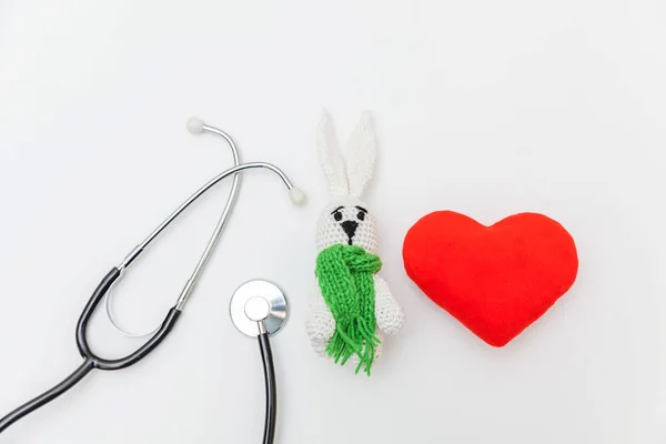 Simply minimal design toy bunny red heart and medicine equipment stethoscope isolated on white background. Health care children doctor concept. Pediatrician symbol. Flat lay, top view copy space — Stock Photo, Image
