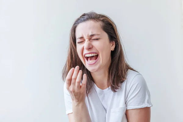 Happy girl smiling. Beauty portrait young happy positive laughing brunette woman on white background isolated. European woman. Positive human emotion facial expression body language — Stock Photo, Image