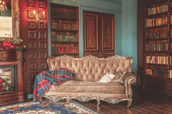 Interior clássico de luxo da biblioteca doméstica. Sala de estar com estante, livros, cadeira de braço, sofá e lareira — Fotografia de Stock