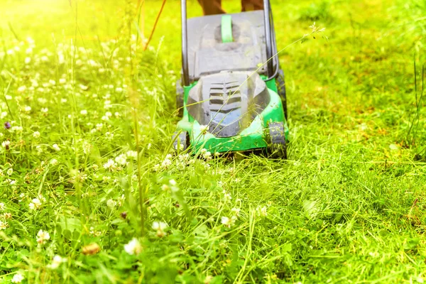 Homme coupant l'herbe verte avec tondeuse à gazon dans la cour. Jardinage campagne style de vie arrière-plan. Belle vue sur pelouse d'herbe verte fraîche au soleil, paysage de jardin au printemps ou en été. — Photo