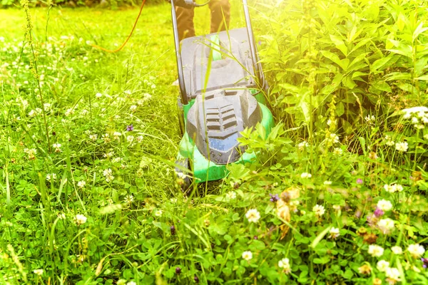 Muž sekající zelenou trávu sekačkou na zahradě. Zahradní krajina životního stylu pozadí. Krásný výhled na čerstvě zelený trávník na slunci, zahradní krajina na jaře nebo v létě. — Stock fotografie