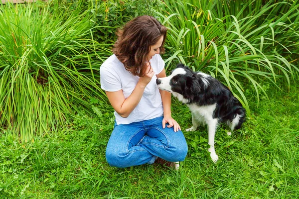 Sonriente joven atractiva mujer jugando con lindo perro perro frontera collie en el jardín de verano o parque de la ciudad fondo al aire libre. Chica truco de entrenamiento con amigo perro. Cuidado de mascotas y concepto de animales. — Foto de Stock