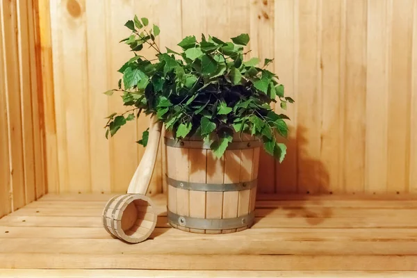 Detalhes Interior Sauna Finlandesa Sala Vapor Com Acessórios Tradicionais Sauna — Fotografia de Stock