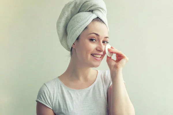 Beauty Portrait Smiling Woman Towel Head Soft Healthy Skin Removing — Stock Photo, Image