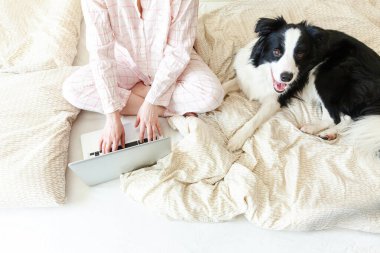 Mobil Ofis evde. Evcil köpekle pijamalı genç bir kadın evdeki bilgisayarda çalışıyor. Yaşam tarzı kızı içeride ders çalışıyor. Serbest ticaret karantina kavramı