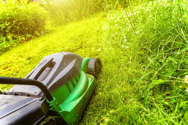 잔디깎는 기계로 잔디깎는 지방의 양식을 가꾸는 봄철이나 여름철 의정원 풍경의 — 스톡 사진