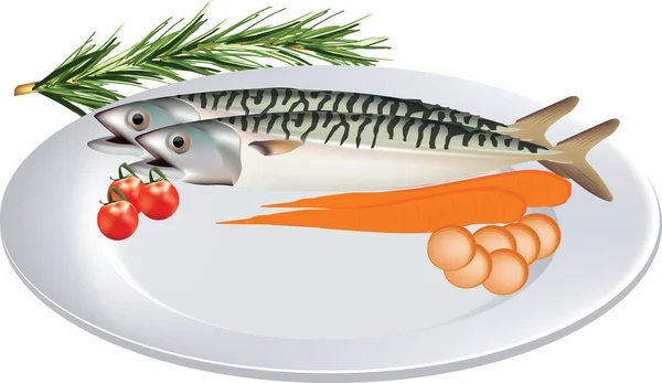 Plate of vegetables mackerel fish — Stock Vector