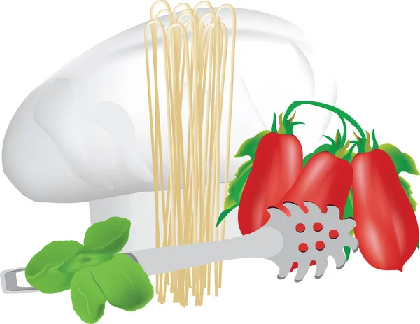 Cucchiaio cuoco cucchiaio e pomodori — Vettoriale Stock