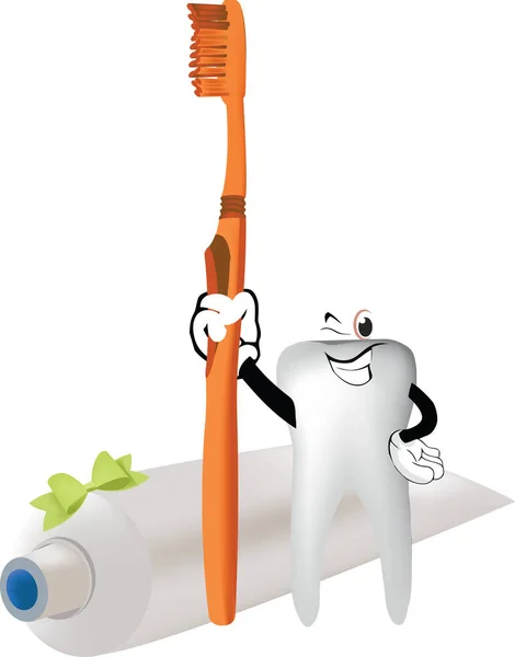 Cepillo de dientes de pasta de dientes y diente sonriente — Vector de stock