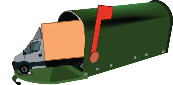 Grüner E-Mail-Briefkasten mit Lieferwagen — Stockvektor