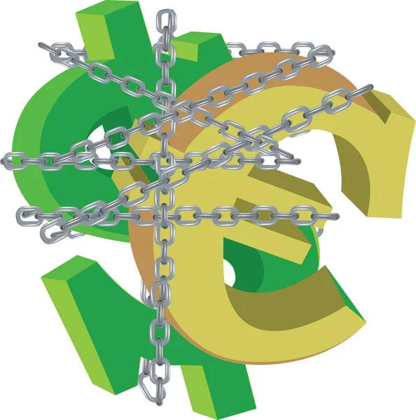 Símbolos de dólar e euro amarrados por uma cadeia —  Vetores de Stock