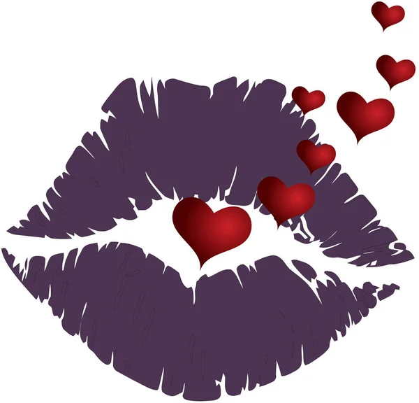 Mouth sensual lips with many hearts — Stock Vector