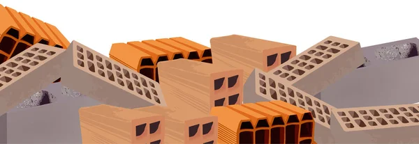 Ladrillos de construcción de edificios con herramientas de trabajo — Vector de stock