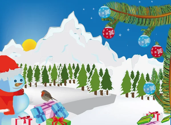 Снеговик сосновые иголки снег и маленькие птичьи рождественские украшения — стоковый вектор