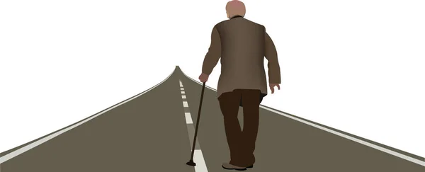 Elderly person from behind walks on the road — Stock vektor
