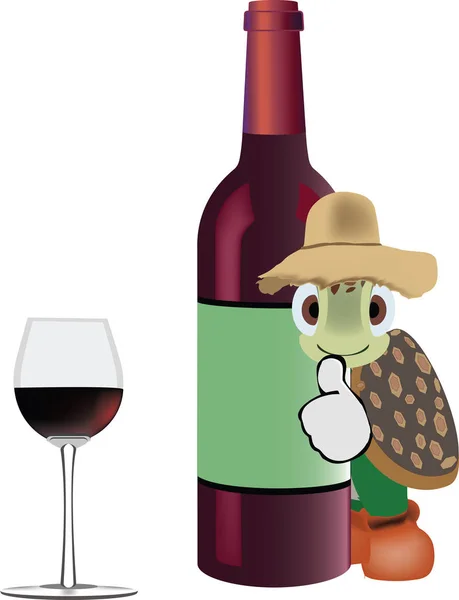 Garrafas e copo de vinho com desenhos animados de tartaruga — Vetor de Stock