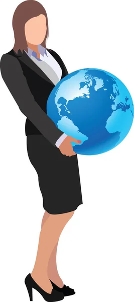 Manager woman carries with her arms planet earth — Stock Vector