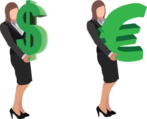 Menajer kadın kollarıyla dolar ve euro sembolü taşıyor. — Stok Vektör