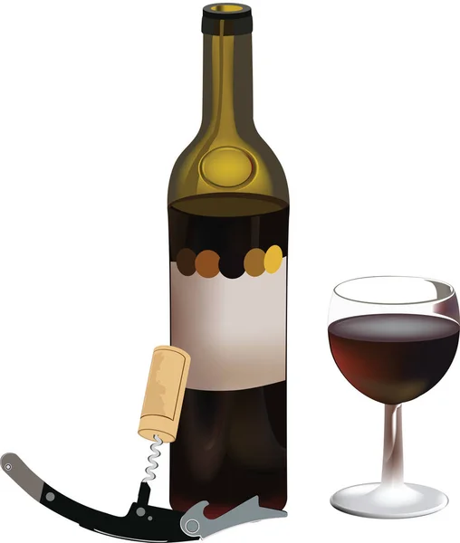 Nyitott vörösbor palack serleggel és dugóhúzóval — Stock Vector
