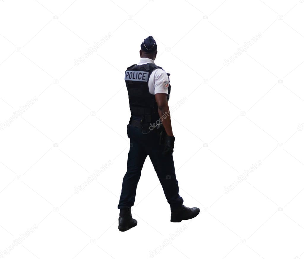 French policeman on patrol on foot in public order                     
