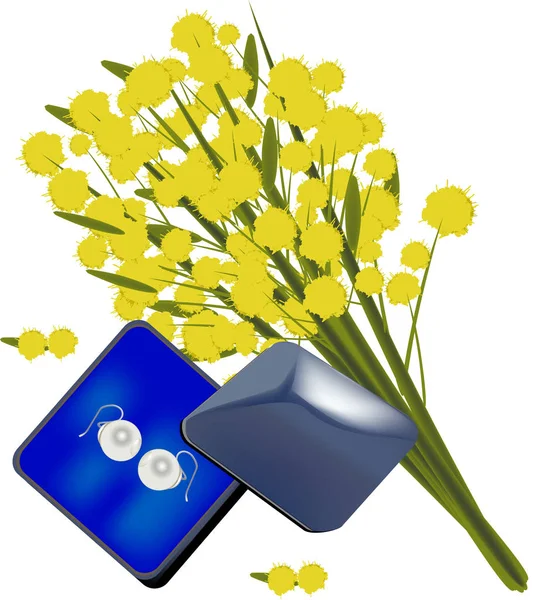 Пакет з ювелірними виробами та букетом з квітів імітоза — стоковий вектор