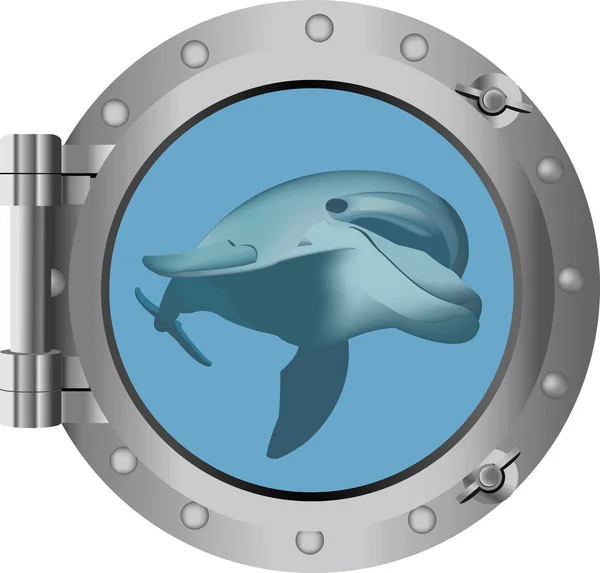 Sea view with first floor a dolphin from the porthole — Stock Vector