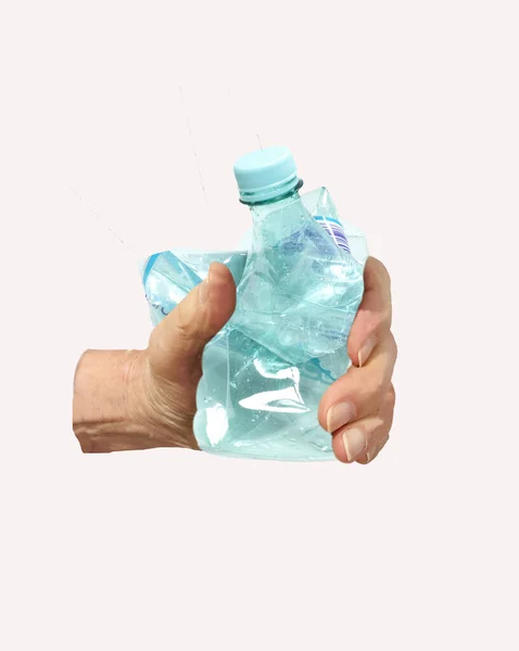 Plastic Bottle Crushed Hand — Stock Photo, Image