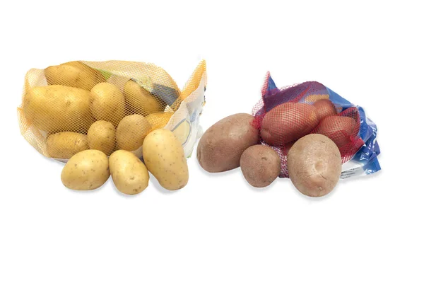 Gele Rode Aardappelen Hun Mesh Container — Stockfoto